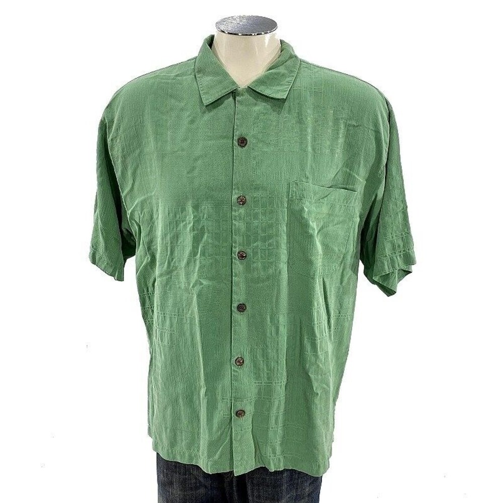 Tommy Bahama Button‎ Shirt L Green Silk Beach Hawaiian Mens